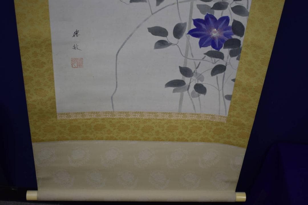 真作/白石勝敏/鉄仙花/桐共箱二重箱付/布袋屋掛軸