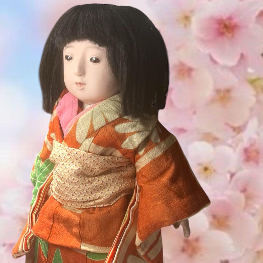 市松人形 石黒人形店 大正 ガラス目 3つ折れ 抱き人形 縮緬着物 ビスク