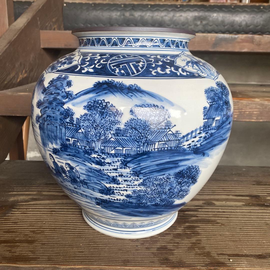 九谷焼 万象造 染付 山水図 丸型花瓶 - メルカリ