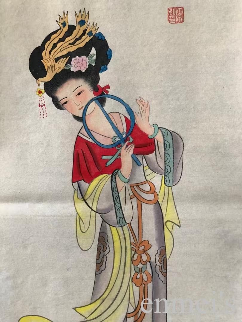 中国古美術・仕女人物四条屏画芯・唐寅印款・水墨彩色画・純手描き・文房置物・宣紙・