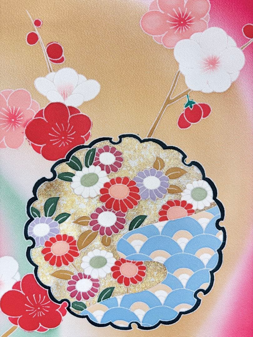 七五三着物　7才　女児　四つ身　雪輪に花々／ピンク系《子供490》#江戸小もーん