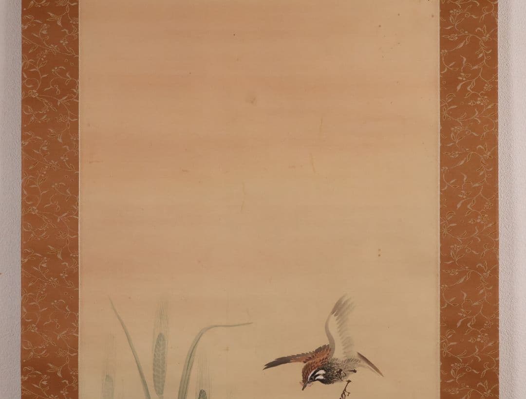 【模写】日本画 益田楳岳 花鳥 雀 草花 絹本 掛軸 MB160