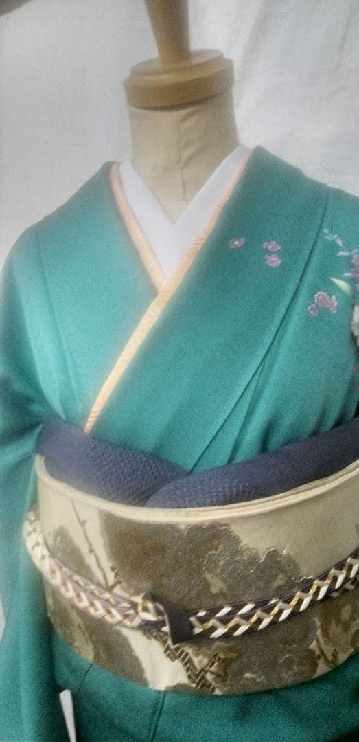 付け下げ、訪問着ブルーグリーン色、花柄入、身丈175cm - メルカリ