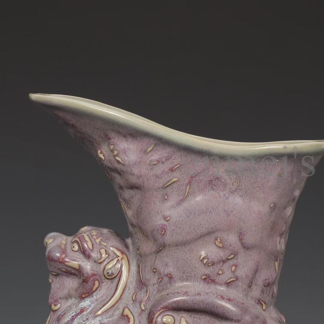 中国古美術・宋鈞窯款・玫瑰紫釉獅子爵杯・酒具・木箱