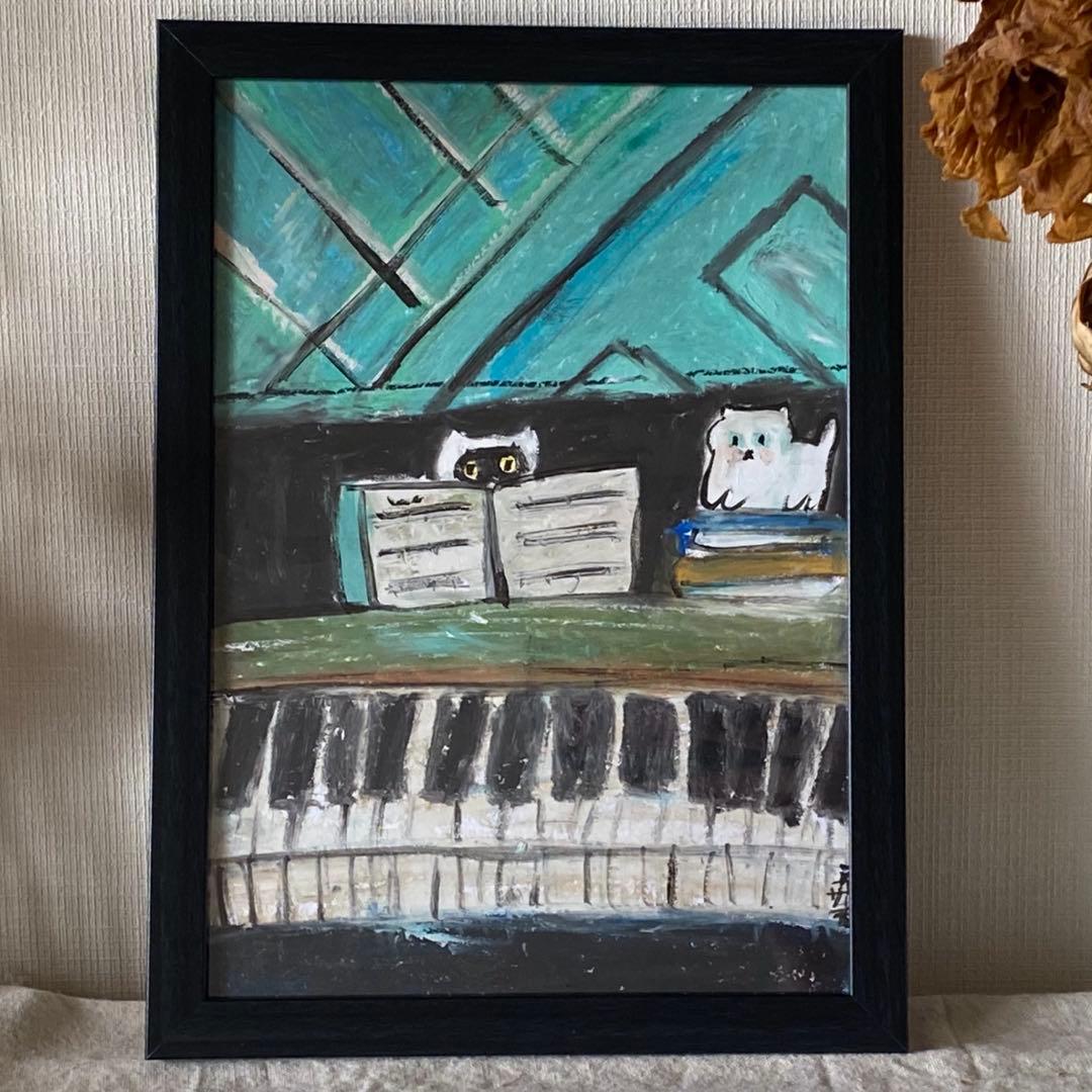 絵画。壁掛け原画【青い空の下のピアノの曲と楽しい猫たち】