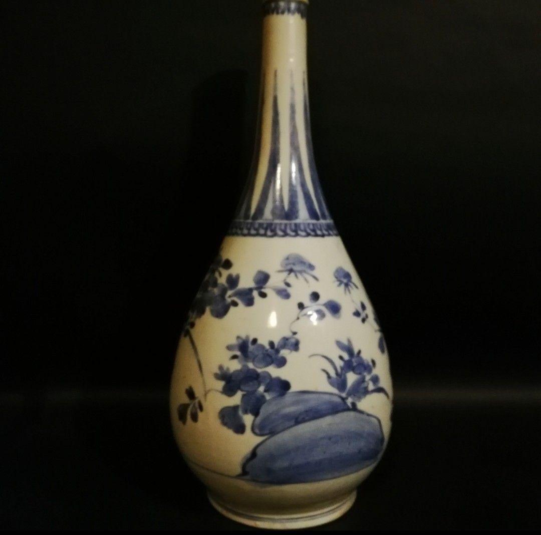 【武】古伊万里 藍柿右衛門大徳利　岩に草花図　美術品真作　箱付き