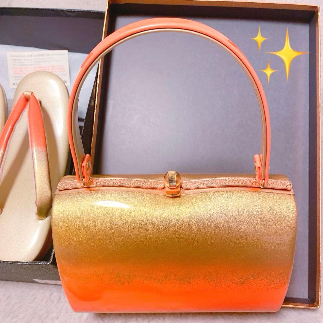 草履　バック　2点まとめてセット　ゴールド　オレンジ　箱付き　艶　光沢　着物