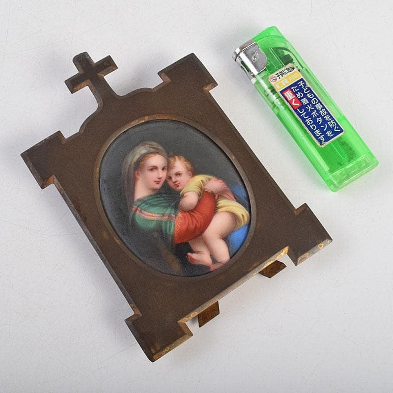 キリスト教　陶器製　聖像画　イコン　聖母子　銅製フレーム　M　R9408