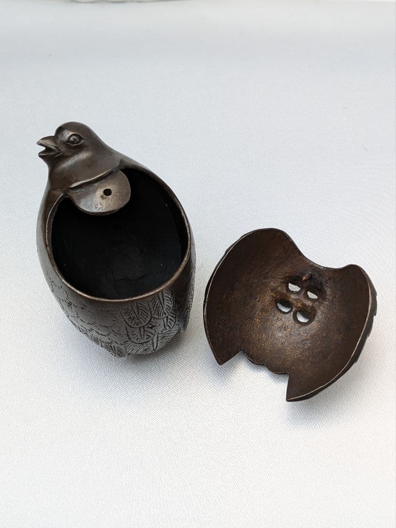 b304、時代金工 津村 亀女 作 古銅 亀銘 鶉香炉 鳥香炉 香具 細密細工