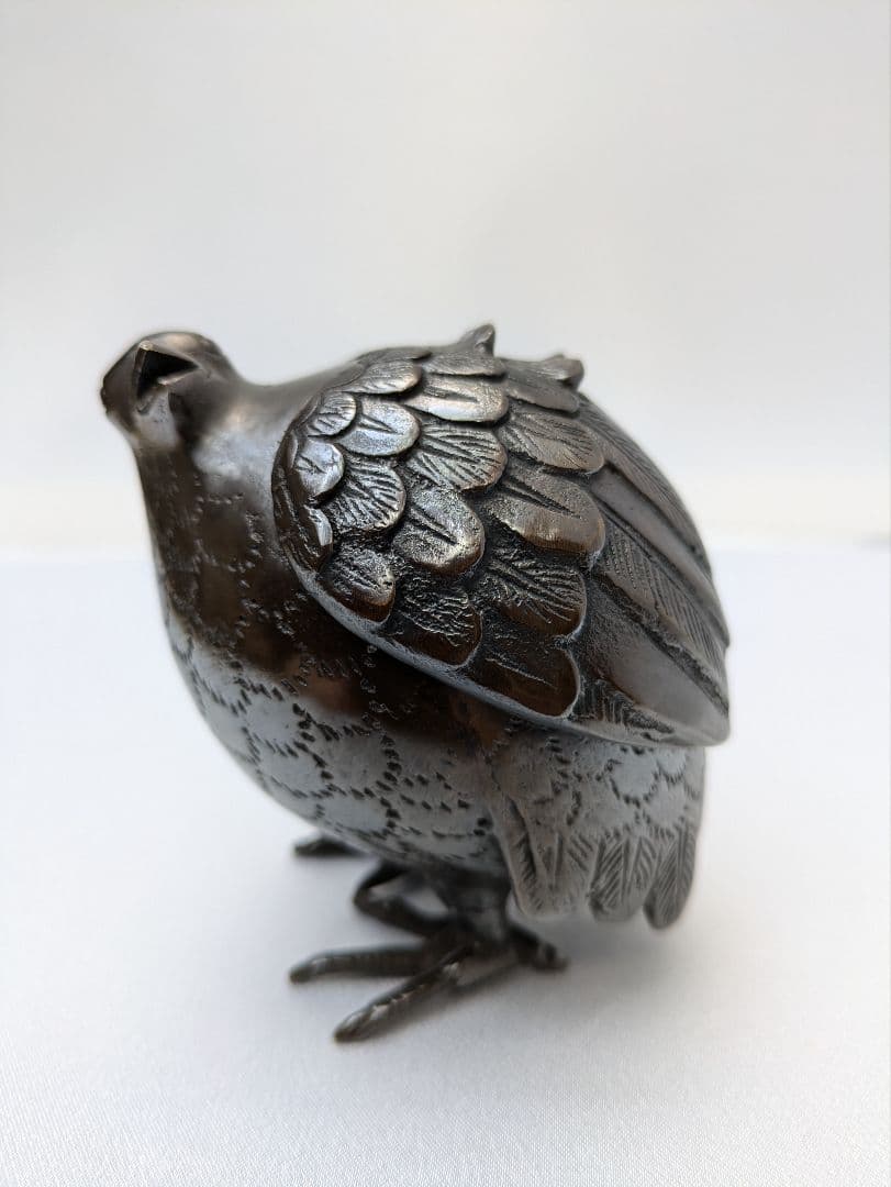 b304、時代金工 津村 亀女 作 古銅 亀銘 鶉香炉 鳥香炉 香具 細密細工