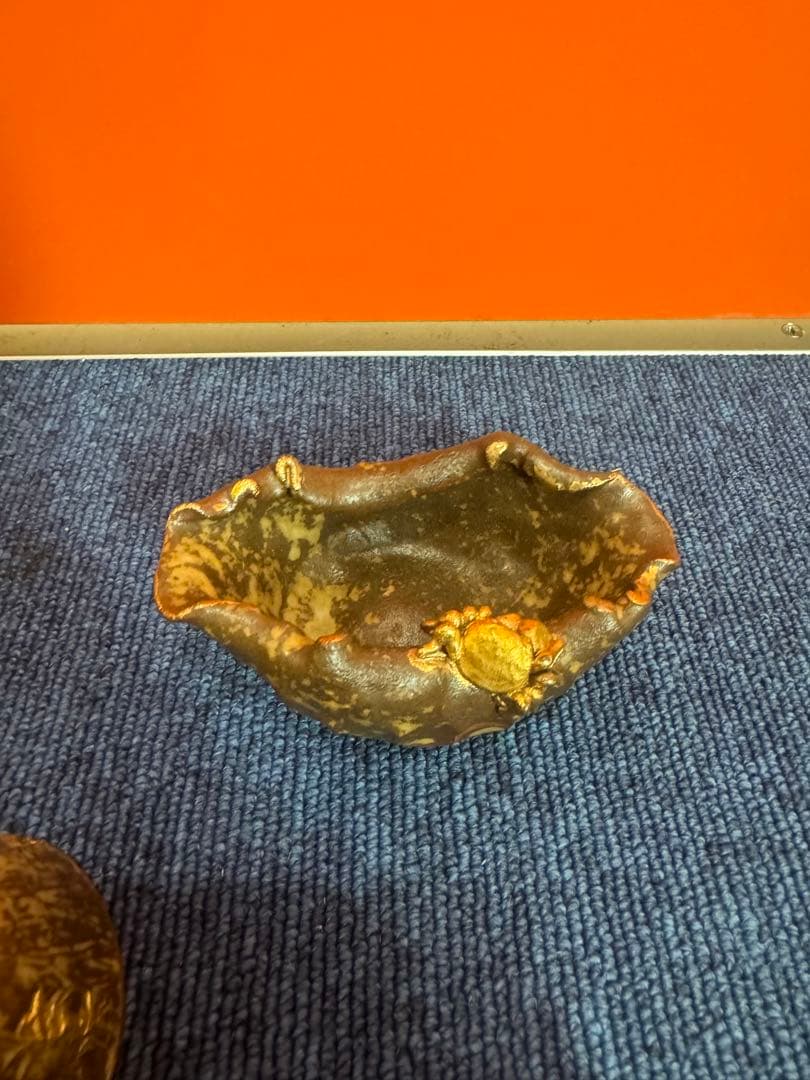 1684備前焼？ 蓮に蟹細工 茶器セット 湯呑1客 湯冷し1客