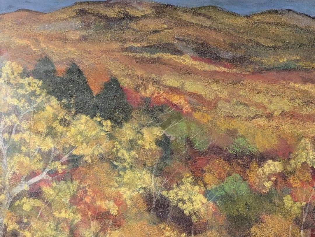 【真作】絵画　日本画8号　錦秋の山並み　紅葉風景画　秋彩の山景　Y181