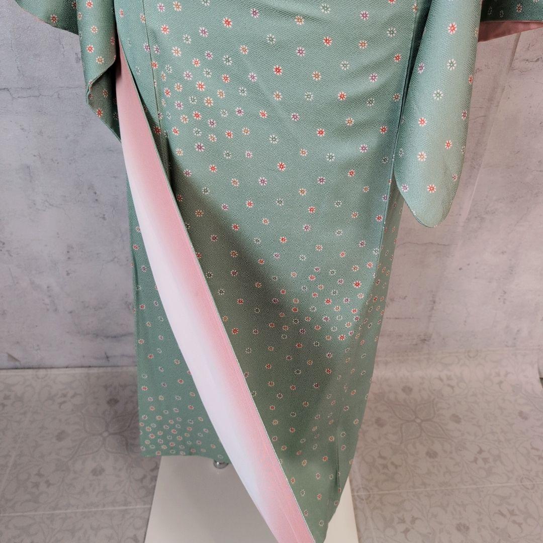 小紋 フルセット 着物 正絹 緑 可愛い 花 C1