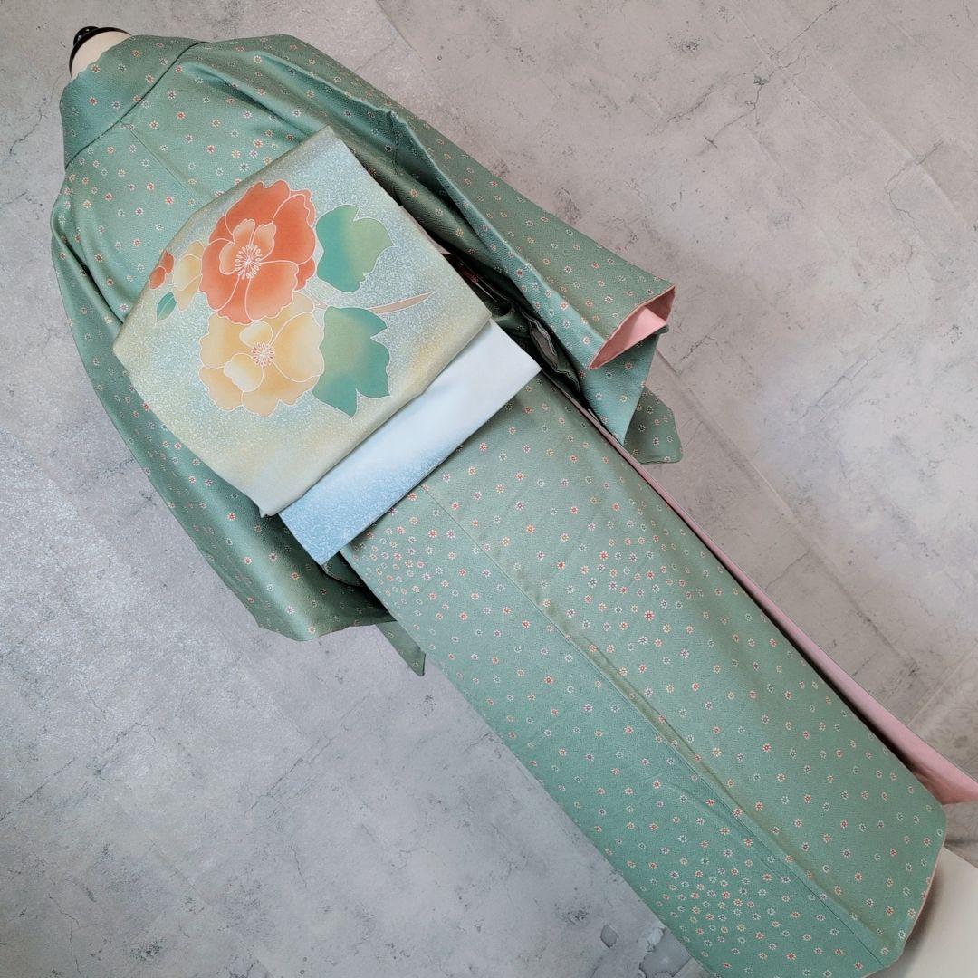 小紋 フルセット 着物 正絹 緑 可愛い 花 C1