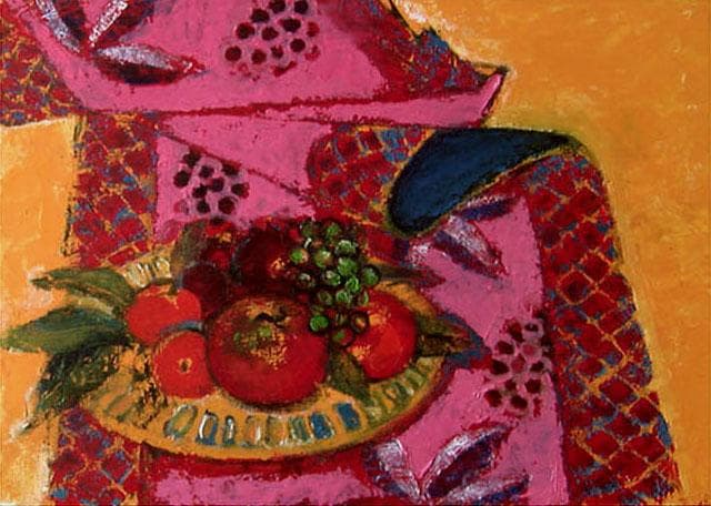 油絵 菅家令子 絵画インテリア 額付(青緑＋金色の枠)uF6-113902 果物