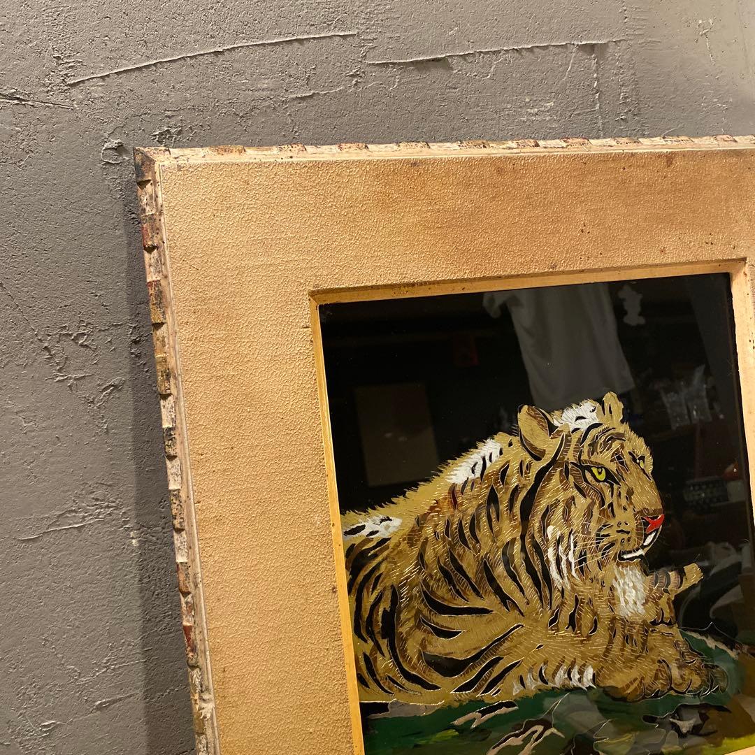昭和39年 日光 虎 絵画 硝子絵 アート 額装品 骨董品 縁起物