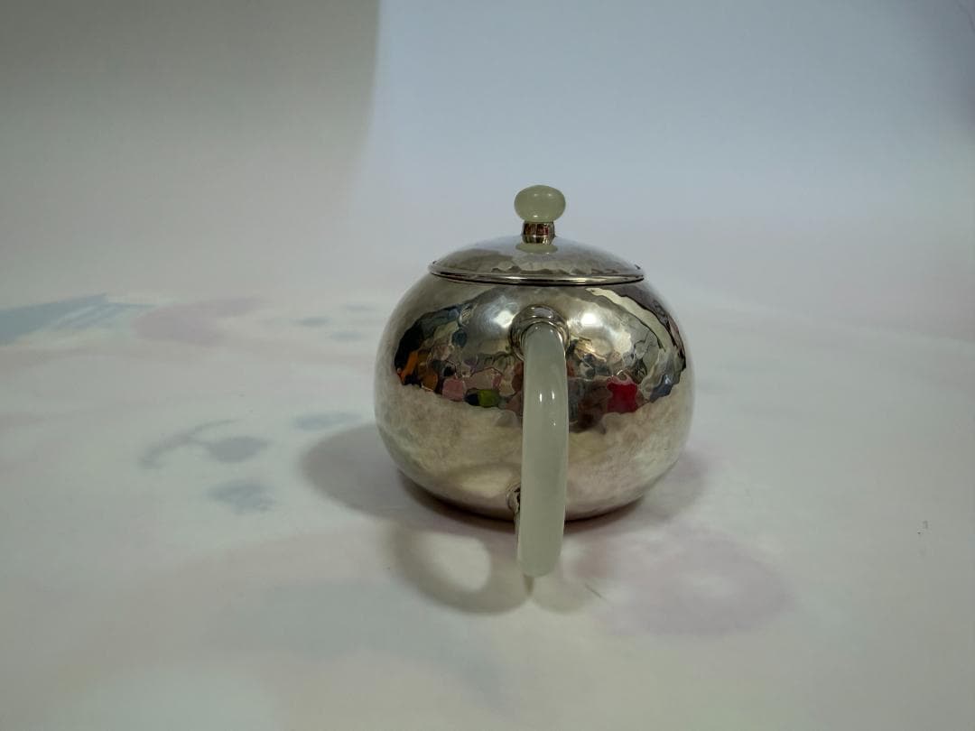 純銀製 丸形 鎚目 玉石摘 急須 銀瓶 煎茶道具