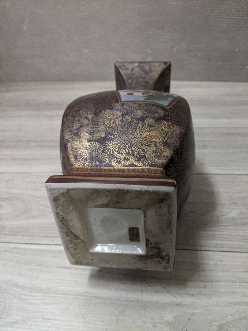 薩摩焼 飾り壷 金彩 金つぶ 山水 花鳥文 花瓶 連山 飾り耳付