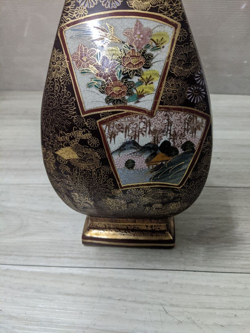 薩摩焼 飾り壷 金彩 金つぶ 山水 花鳥文 花瓶 連山 飾り耳付