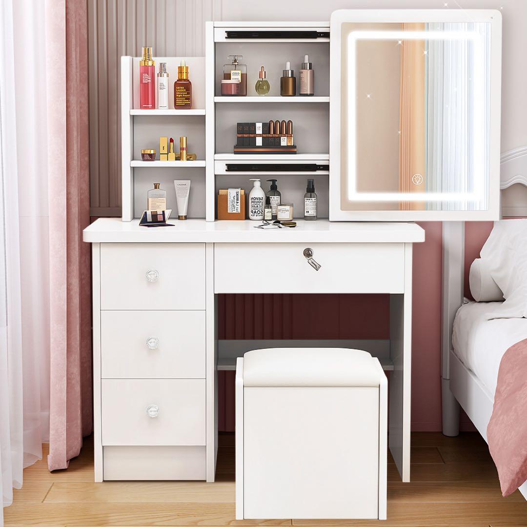 ドレッサー コンパクト 白 3色LED ライト収納沢山 化粧台 - メルカリ