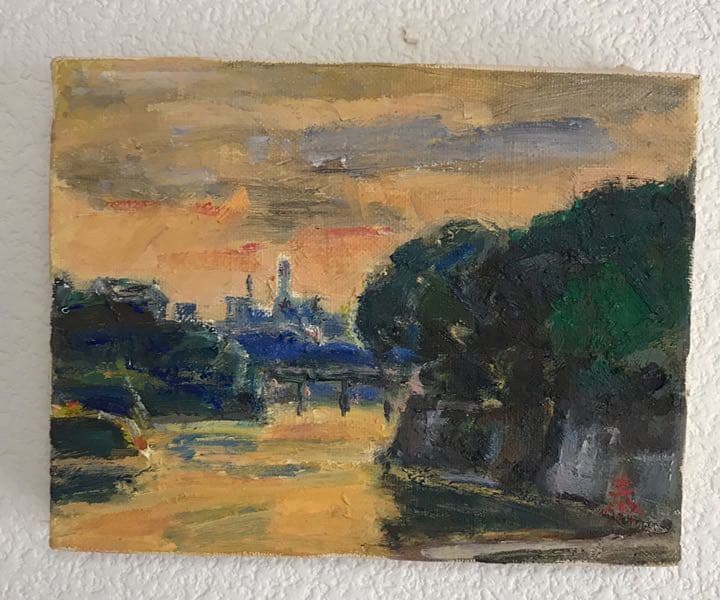 絵画　手書き油絵　川の風景　0号