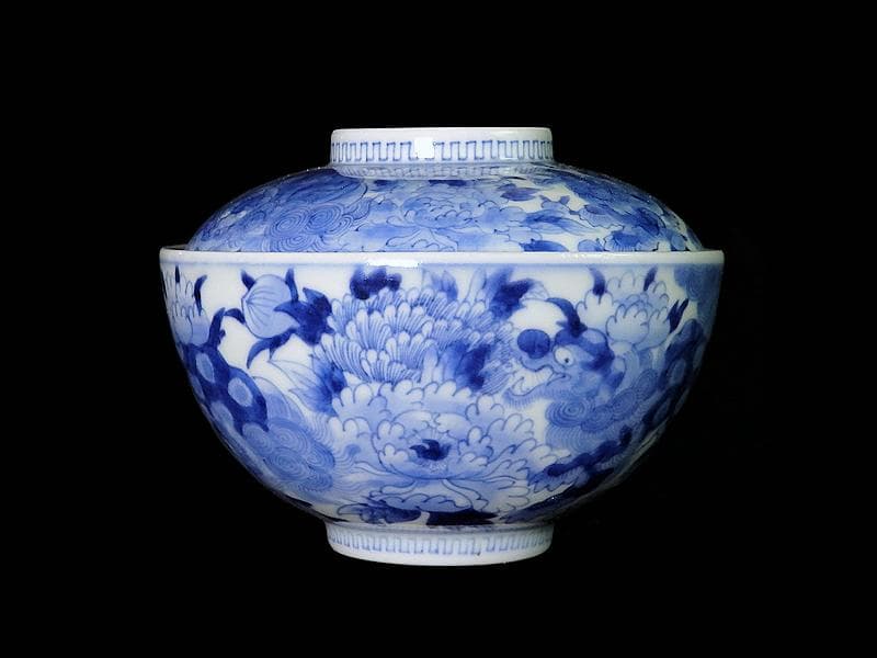 平戸　染付　唐獅子牡丹の図　蓋茶碗　E863AS-COz