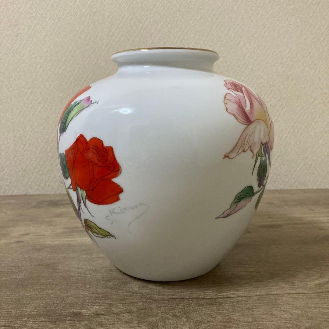 オールドノリタケ日本陶器会社金縁手描きバラ花瓶S.Kimura