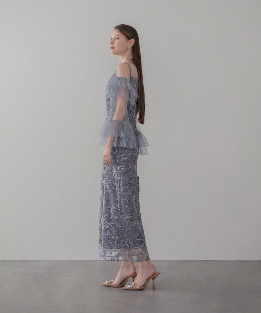 【himawari.】LEJA フリルチュールスリーブレースIラインワンピ