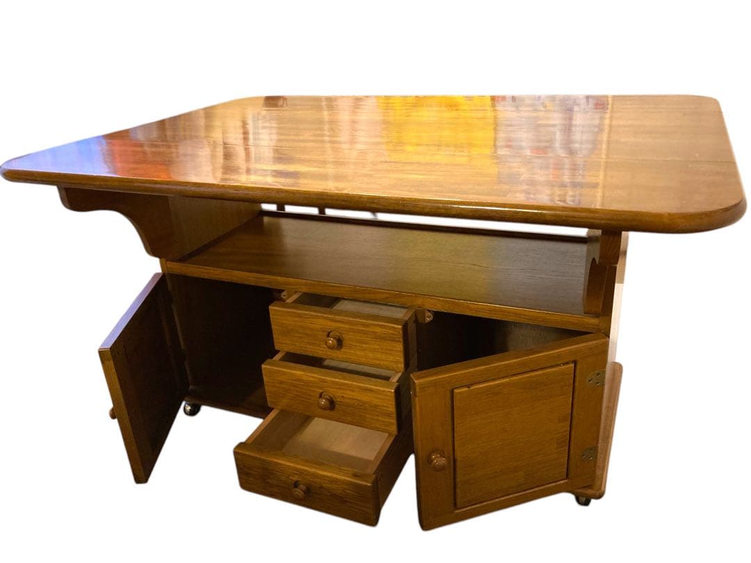 木製長方形テーブル 引き出し付き キャスター付き