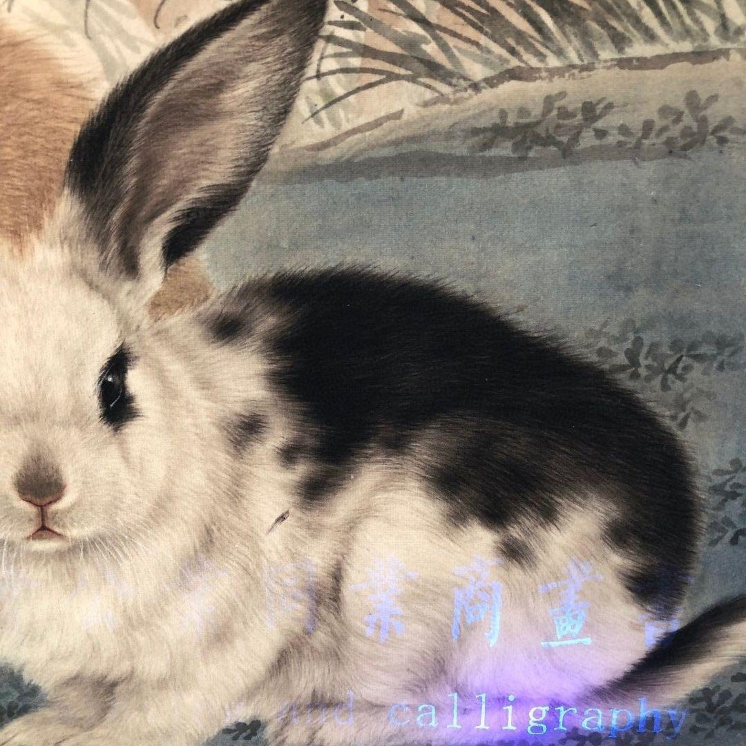 中国水墨画 掛け軸 刘奎龄《花下双兔》中堂 掛け軸／装裱済み／鑑賞用／実物撮影