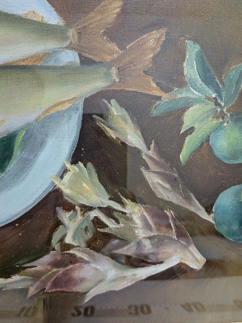 油絵「鮎2匹皿上並びにスダチ」昭和時代頃額サイズ横幅57X縦