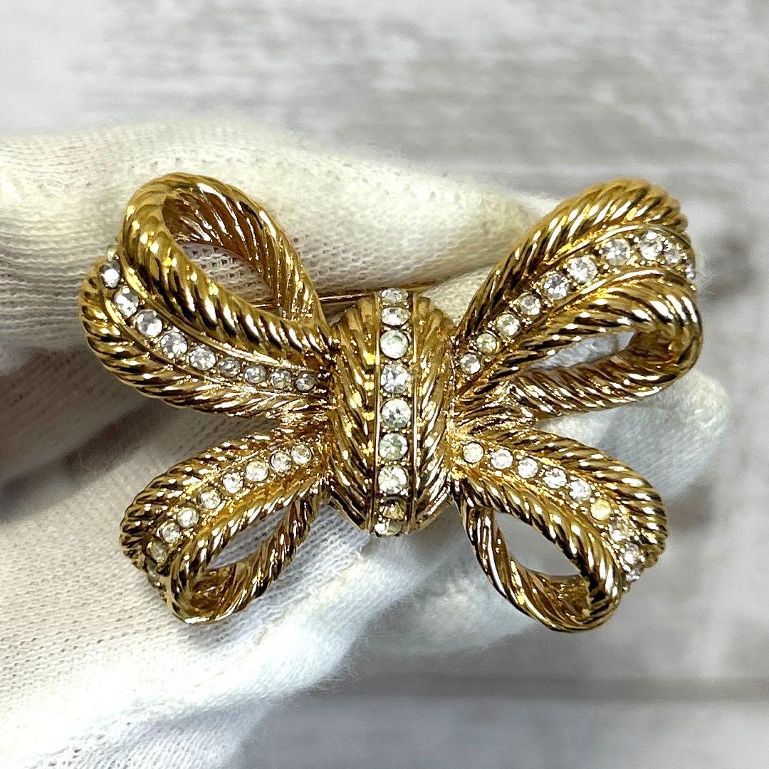 クリスチャンディオール リボン ブローチ ラインストーン ゴールド