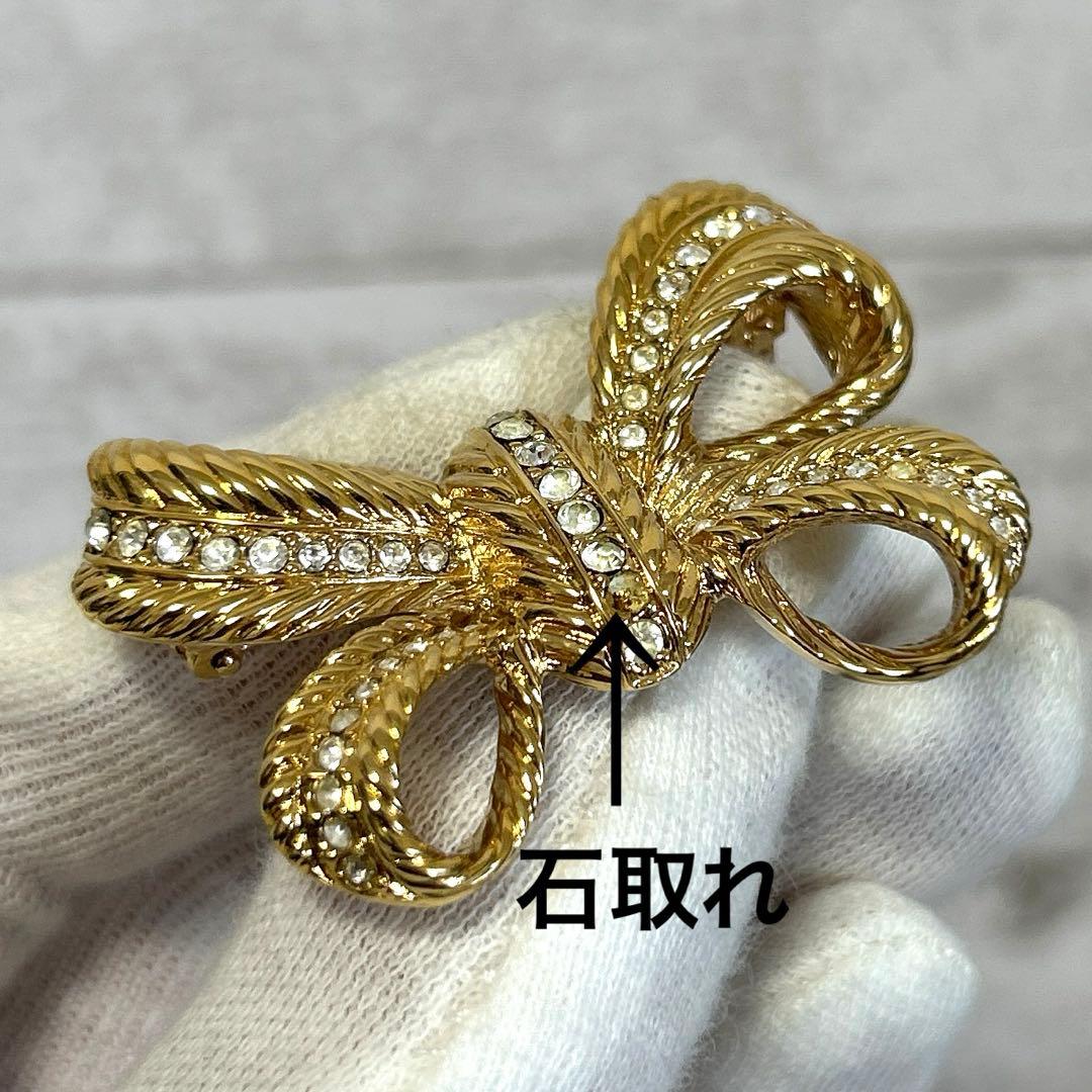 クリスチャンディオール リボン ブローチ ラインストーン ゴールド