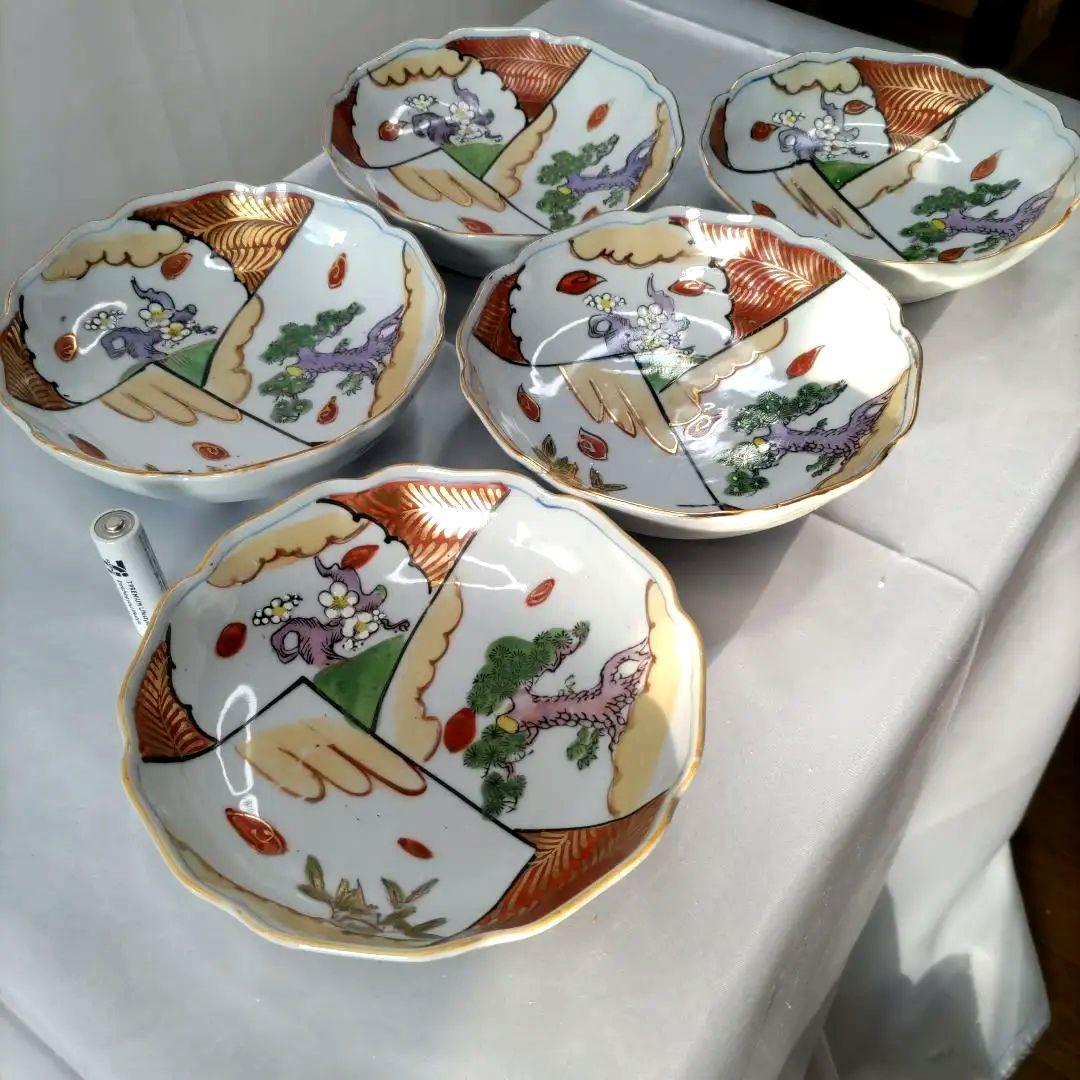 古伊万里 色絵 茄子文 小皿 5枚組 e1493 古伊万里 色絵 小皿 5枚