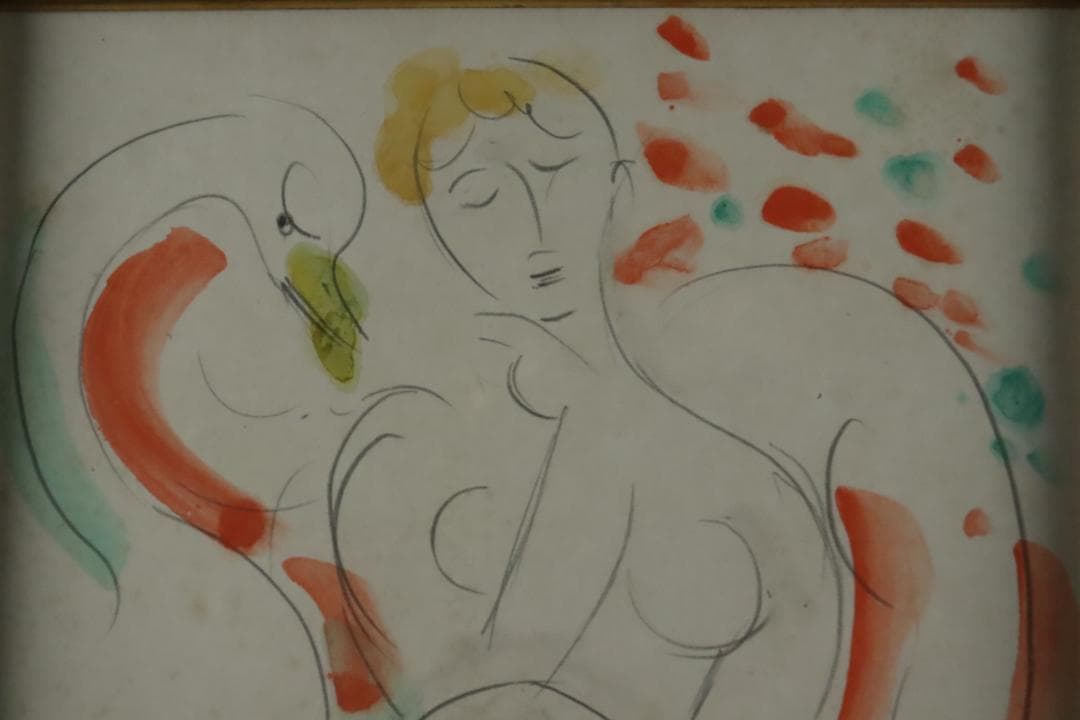 真作保証 井上長三郎 「レダ」 水彩 肉筆 色紙額装 自由美術家協会会員