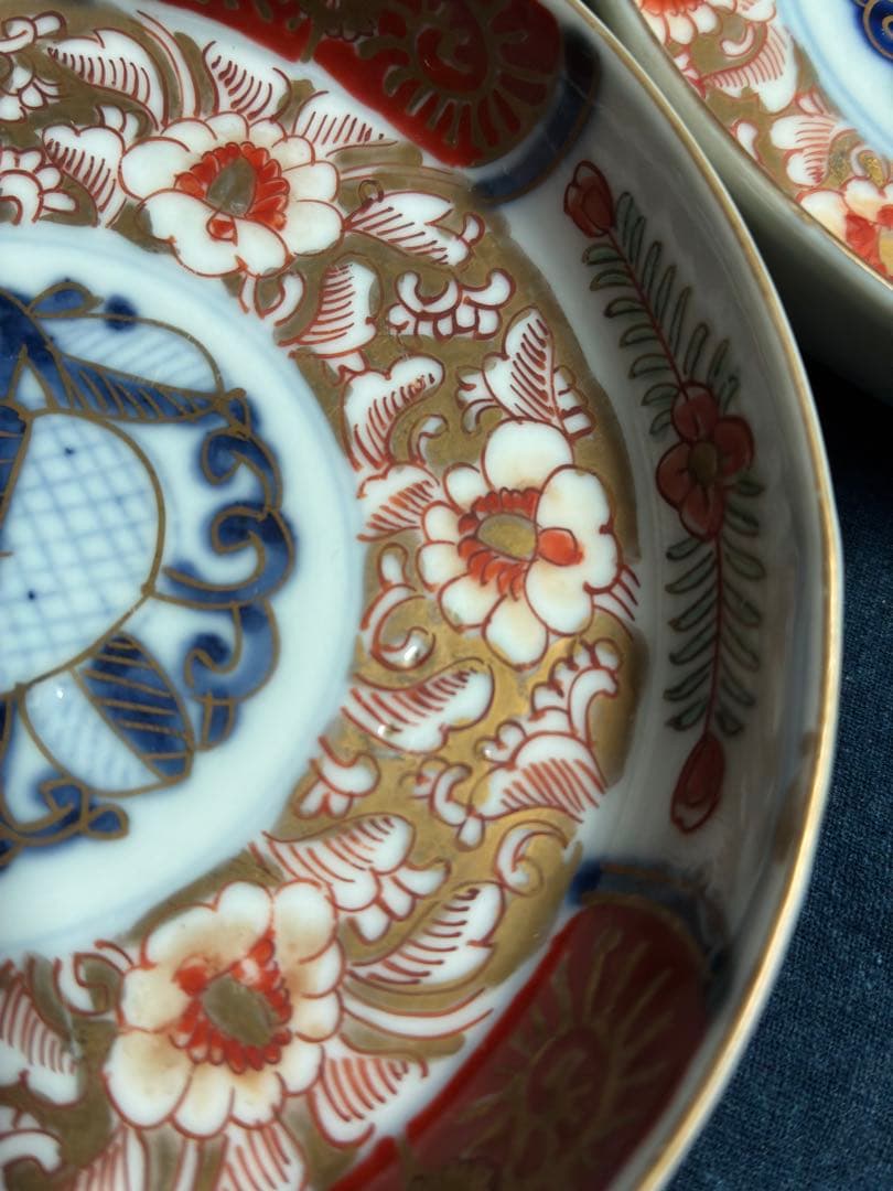 古伊万里 金彩色絵花文様 小皿 5枚 傷無し 明治 直径12.3センチ