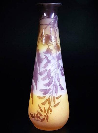 真作証明書付 エミール・ガレ 藤文 花器 多層被せガラス 高さ39.7cm エミール・ガレ 「藤文ランプベース」 | | アトリエ・ブランカ