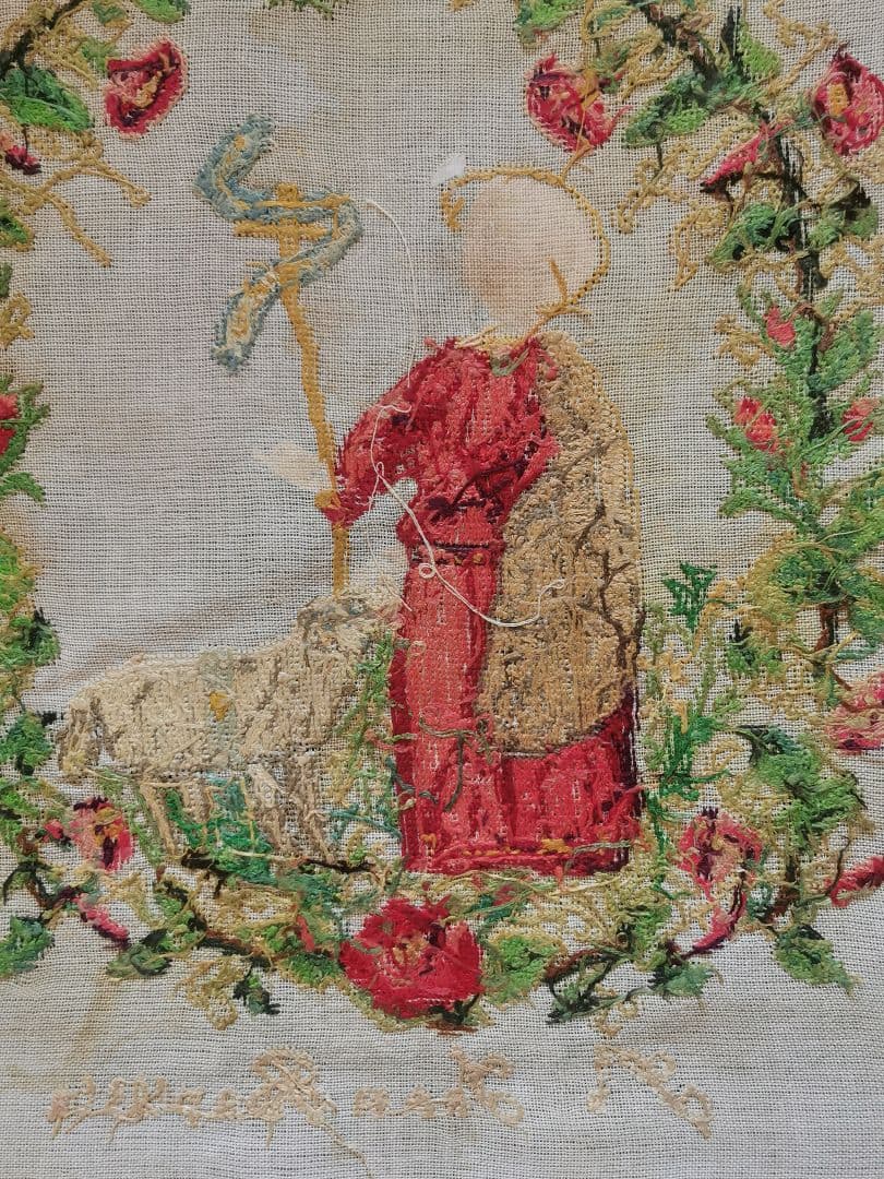 アンティーク 洗礼者聖ヨハネと羊プチポワン 薔薇朝顔菫ニードル