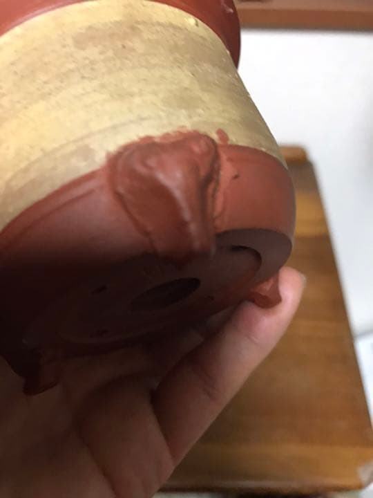 盆栽鉢　時代ミニ盆栽鉢常滑名工泥珠3つ足釘彫山水画朱泥ミニ盆栽鉢