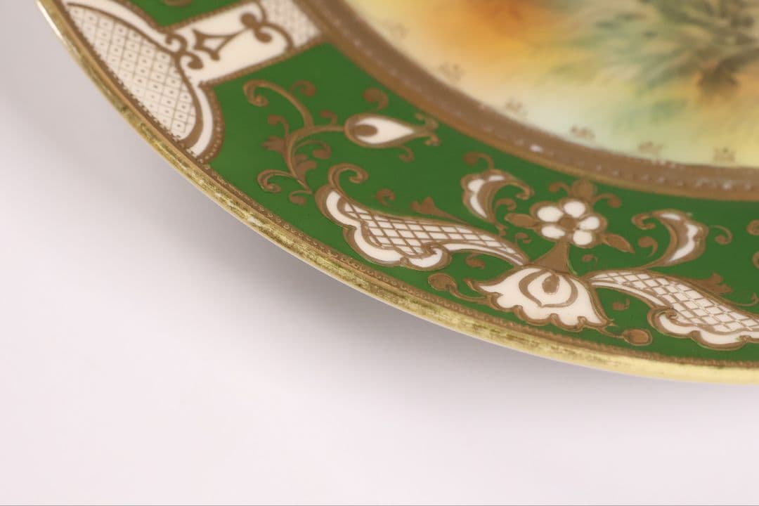 CM298】オールドノリタケ 鹿 皿 プレート 金彩 盛上 緑 グリーン 明治