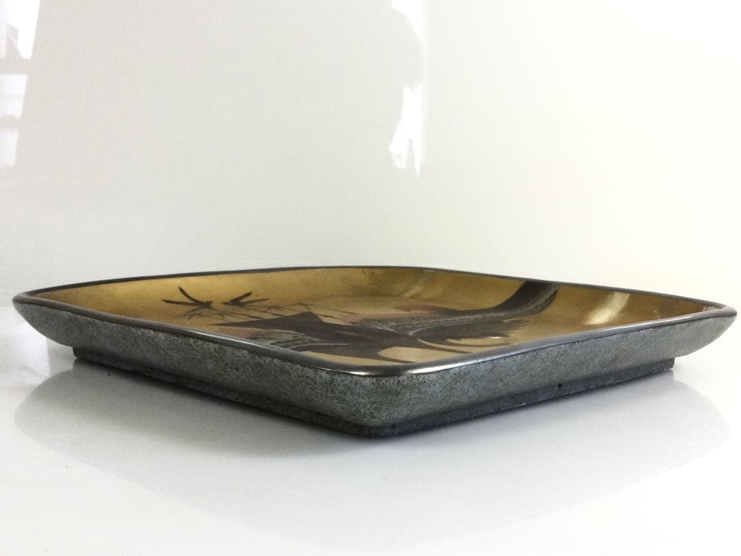 宝漆陶 大仲翠月作 金彩鳥絵四方皿 供箱 M