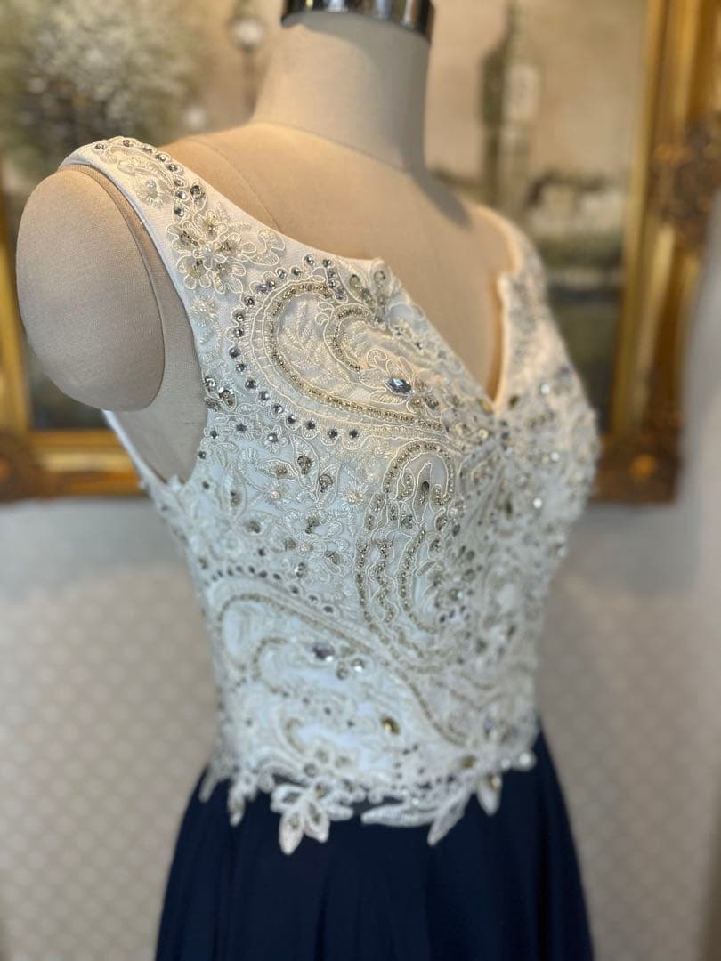 ネイビー ビーズ刺繍Aラインロングドレス