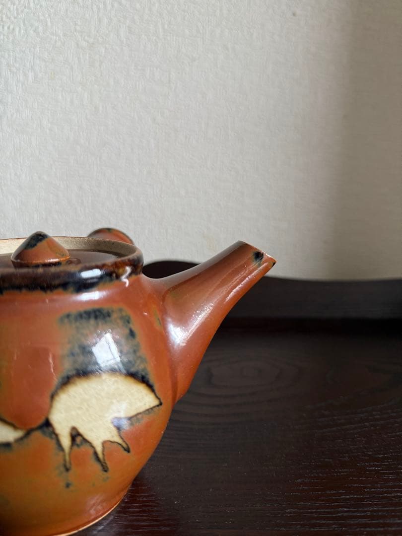 民藝 古作 益子焼 柿釉 抜絵 茶器揃 急須 湯呑み4客