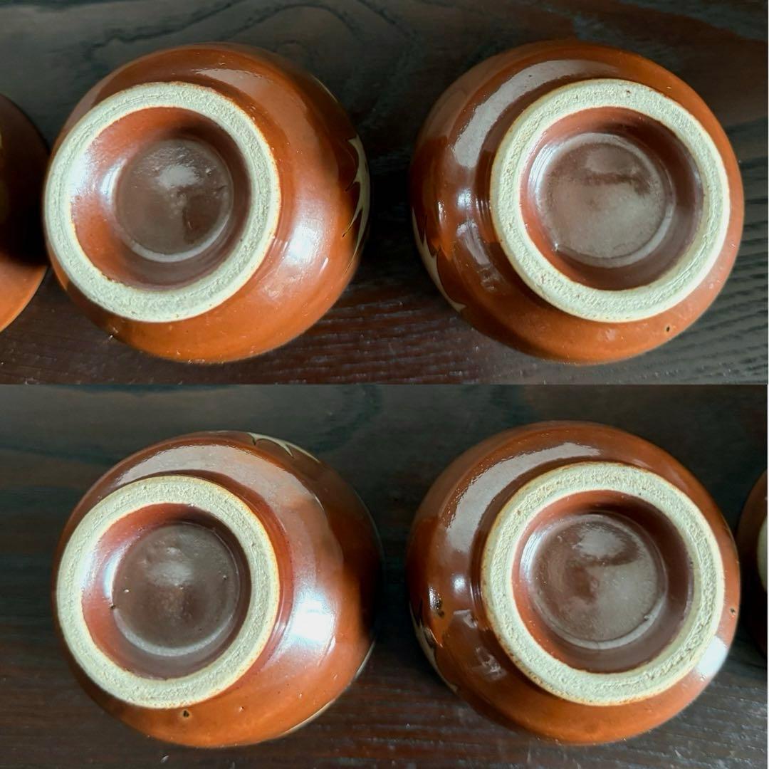 民藝 古作 益子焼 柿釉 抜絵 茶器揃 急須 湯呑み4客 古民藝 民芸
