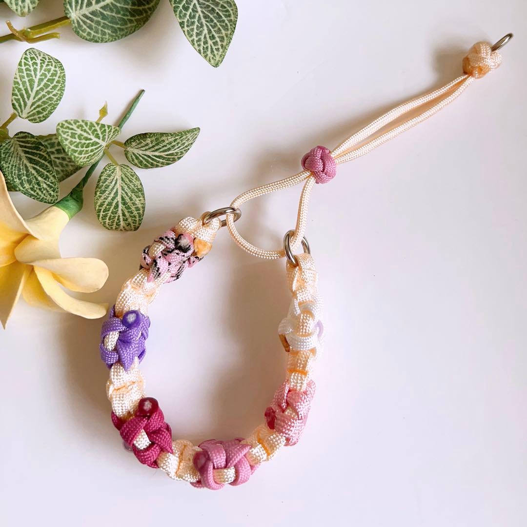 パラコード首輪 ハーフチョーク お花いっぱい ピンク No.0143 犬 光る