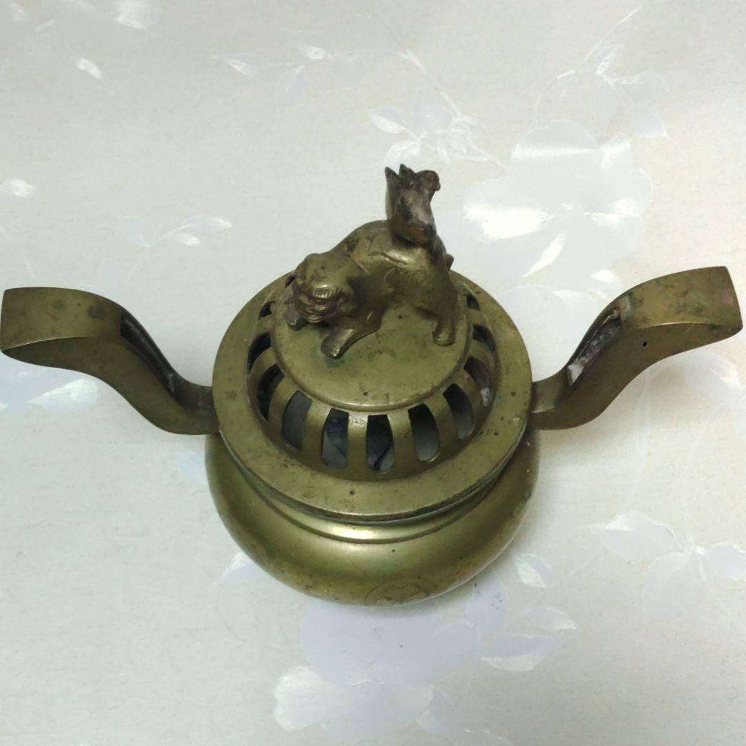 香炉 寺院仏具 獅子摘双耳三足香炉 真鍮製 金属工芸 ミ10