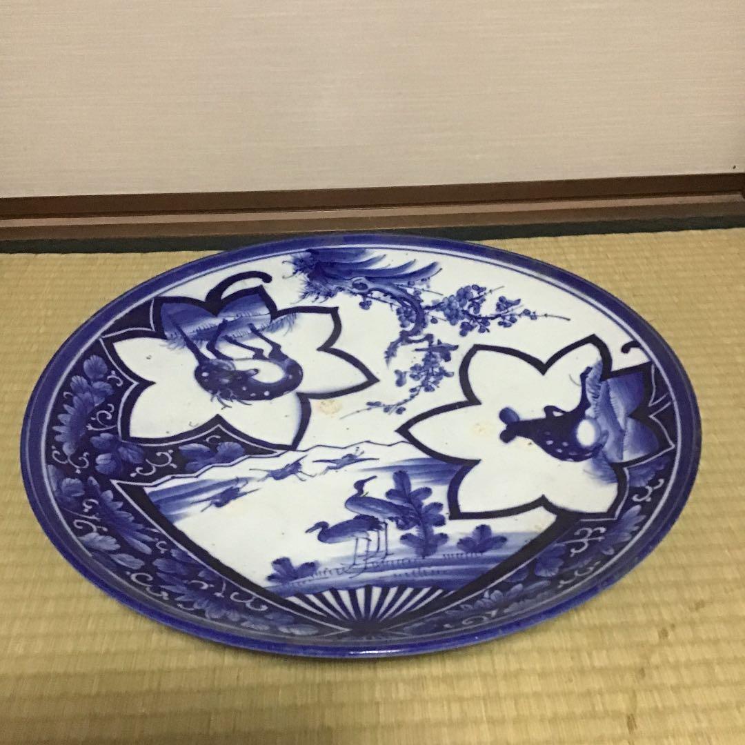 古伊万里染付扇面鹿に鶴の図大皿