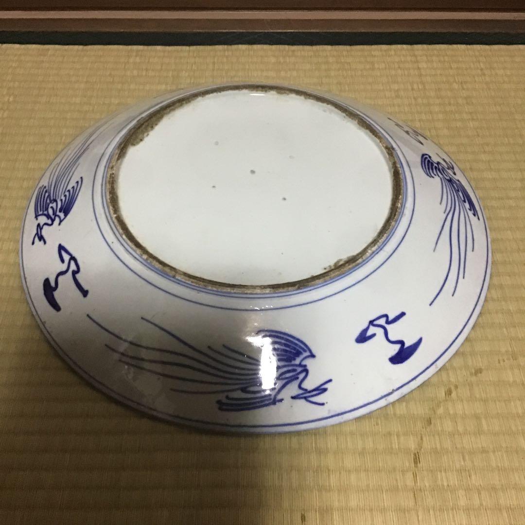 古伊万里染付扇面鹿に鶴の図大皿