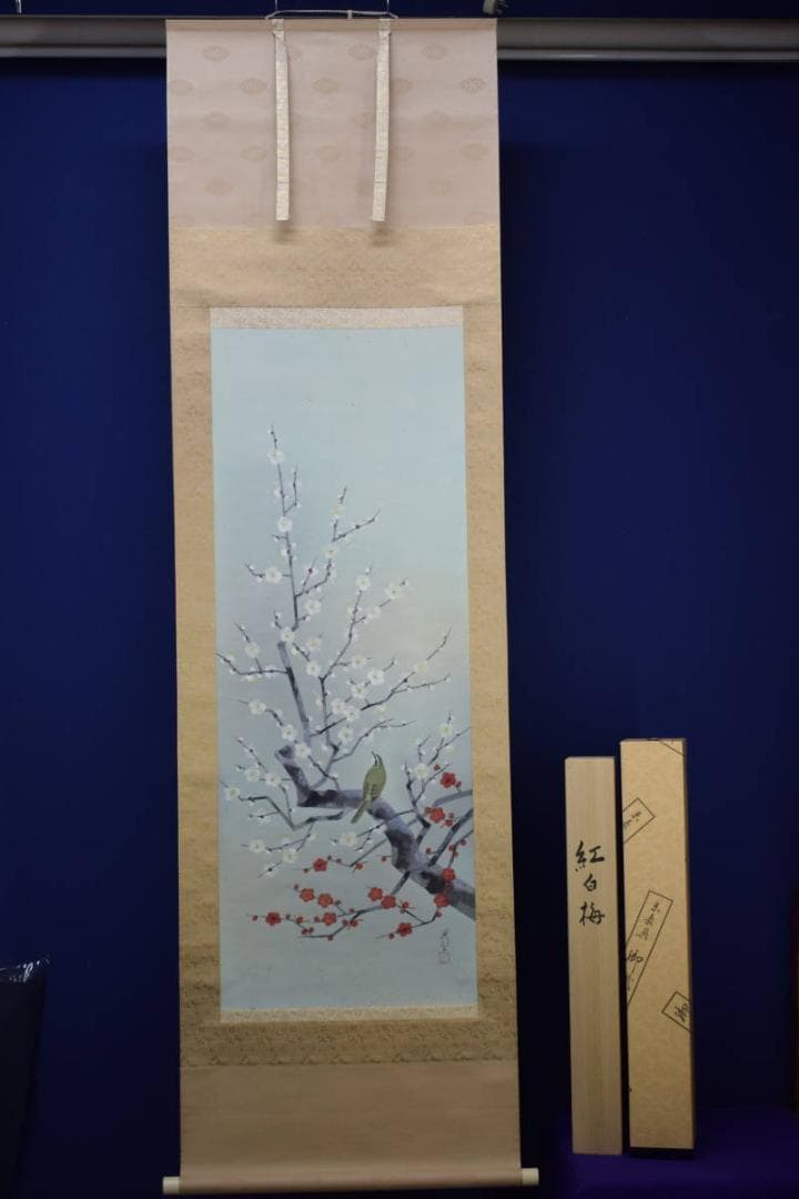 真作/新山晃司/紅白梅鴬図/桐共箱二重箱付/布袋屋掛軸HF-985