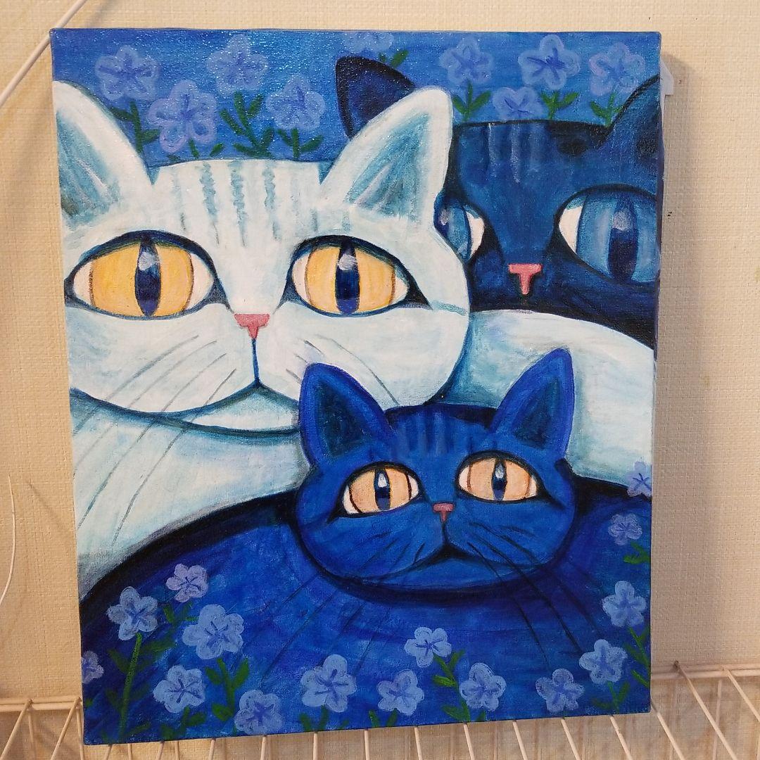 油絵　専用　三代そろった猫と青い花 油絵 専用 三代そろった猫と青い花 油絵 専用 三代そろった猫と